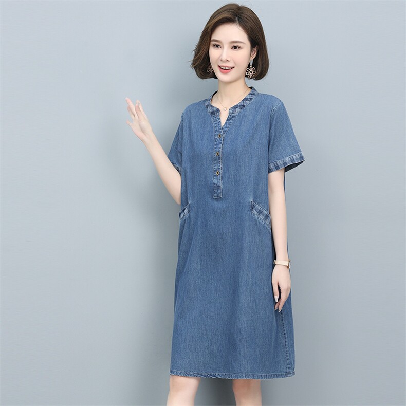短袖牛仔连衣裙女夏季薄款2024年新款气质遮肚子中年妈妈大码裙子,女装连衣裙,悦见她