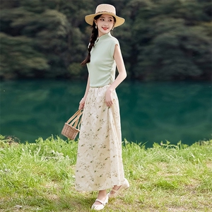 法式雪纺绿色碎花半身裙女2025夏季新款显瘦宽松高腰薄裙子图片