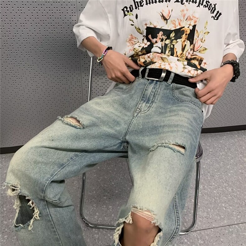 破洞牛仔裤男欧美风痞帅宽松直筒裤夏季宽松潮牌复古裤N08040-P45，男装牛仔裤，星座308B-1