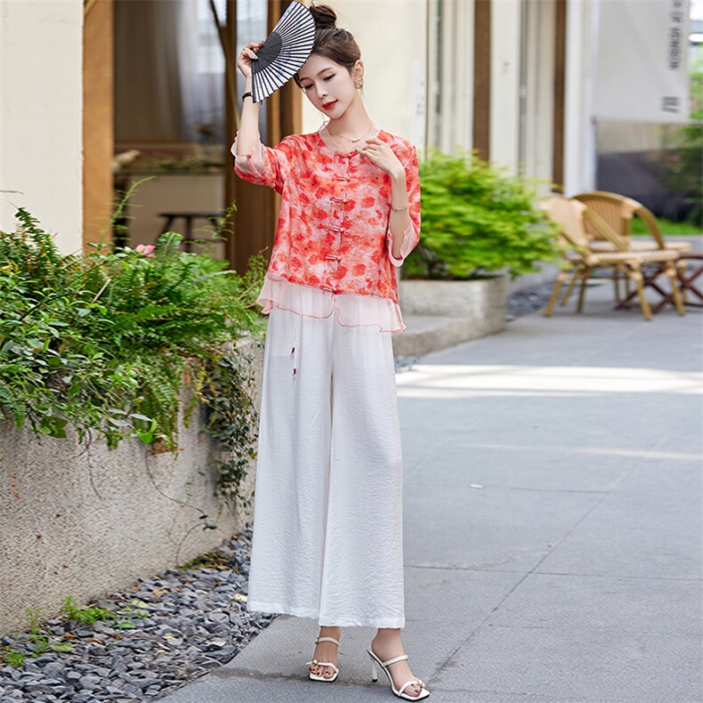 夏季新中式休闲套装女夏季2024新款中年妈妈阔腿裤花色上衣两件套,女装套装/套裙,涵墨