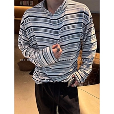 现货JY174-P50精致感小立领彩色条纹休闲宽松长袖T恤上衣网图，男装T恤，星座1501-3