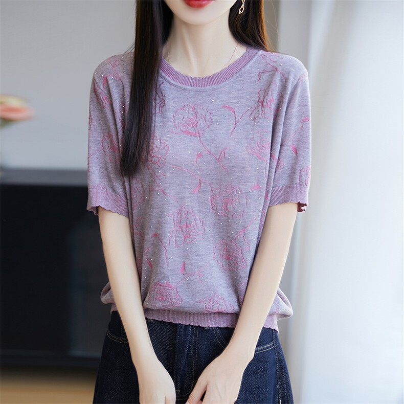 莱赛尔天丝烫钻针织短袖T恤女2025夏季轻薄凉感宽松气质小衫上衣，女装针织衫/毛衣，唐诺