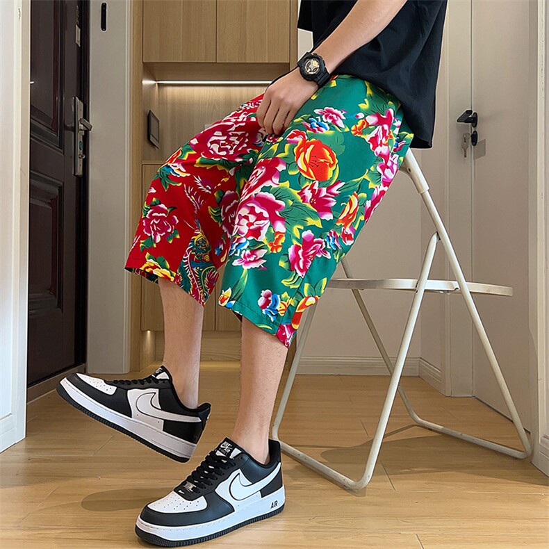 U2东北大花拼接七分裤男女休闲运动大码风裤子团队民族特色潮，男装牛仔裤，星座115A(原星座507）