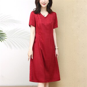 桑蚕丝半袖连衣裙女夏装高端洋气妈妈V领宽松真丝长裙图片