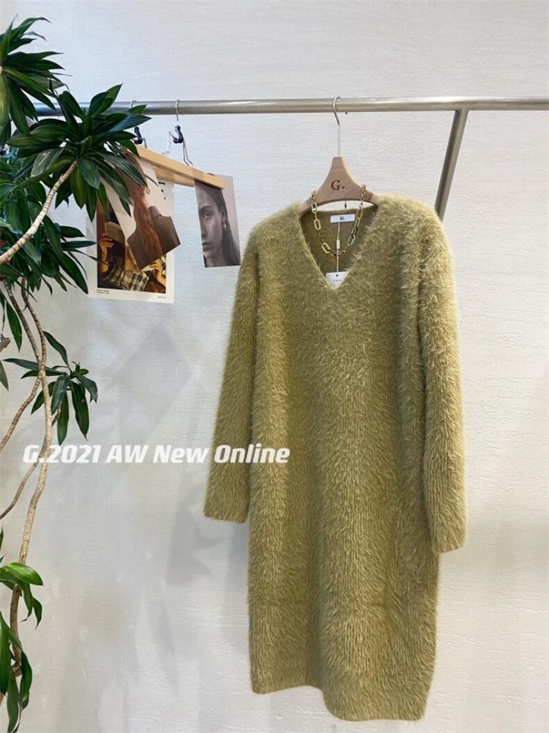 V领防水貂毛长款连衣裙现货，女装连衣裙，G