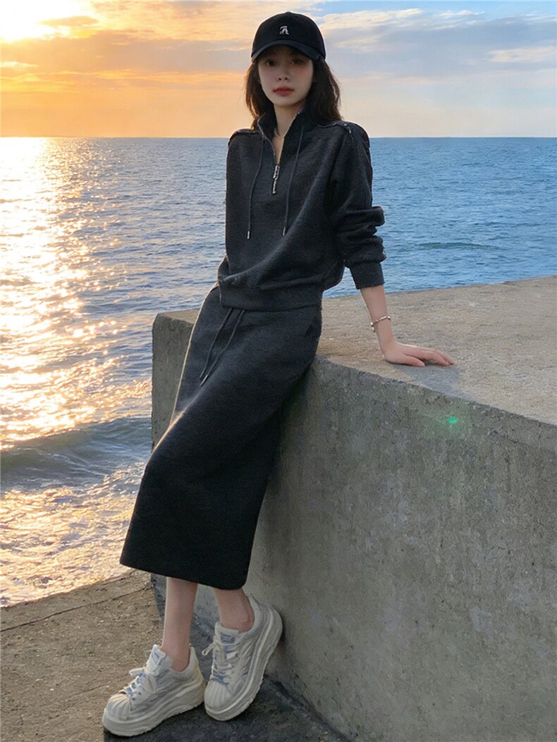 高端气质时尚套装裙女春季新款洋气显瘦立领卫衣修身半身裙两件套,女装套装/套裙,江南
