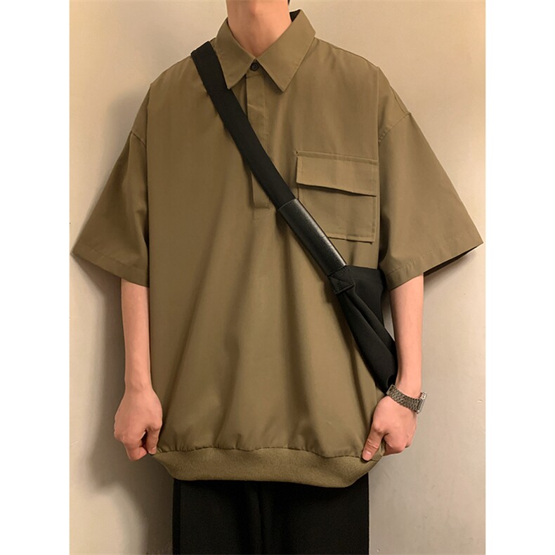 T6069/P35夏季简约短袖衬衫男设计感小众工装衬衣polo衫宽松T恤男,男装Polo衫,电商A141