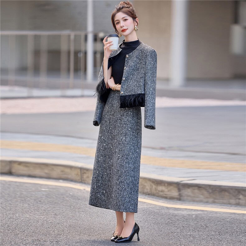 【bao款现货已出】2025秋冬新款法式小香气质粗花呢长裙两件套,女装套装/套裙,兰菲阁