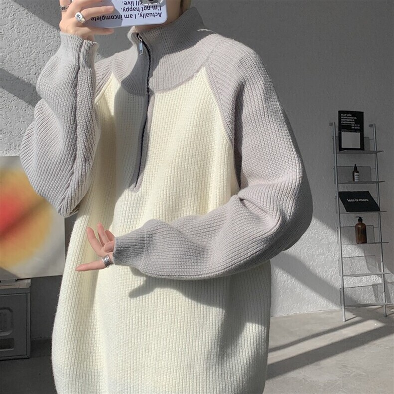 8XL-M撞色半拉链毛衣宽松慵懒风插肩袖大码针织衫外套MY1513/P75图片
