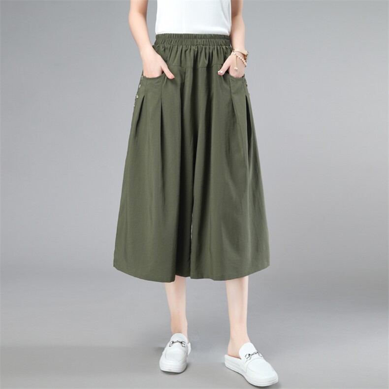 3色法式褶皱高腰显瘦宽松阔腿裤五分裤女夏季薄款短裤休闲大腿裤，女装休闲裤，奕阳依阁