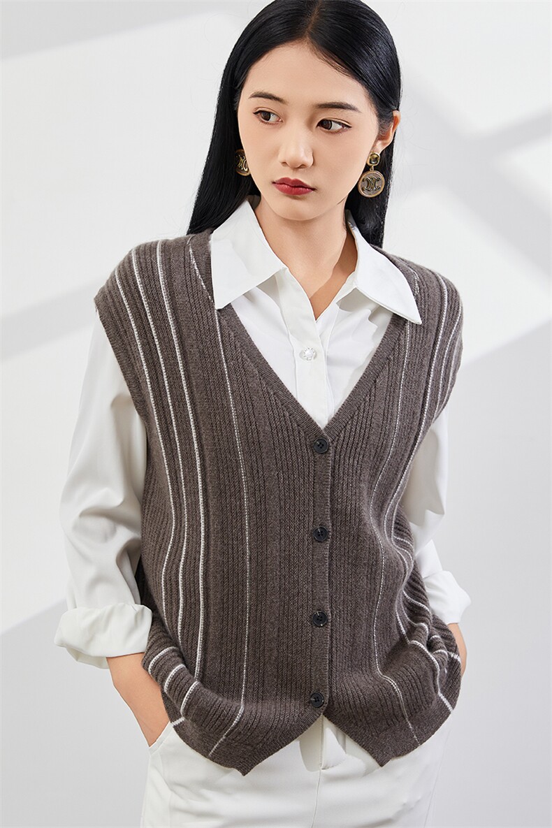 时尚百搭V领条纹羊绒马甲优雅气质休闲风女装背心,女装羊绒衫,美够羊绒
