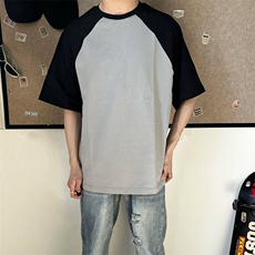 抖音得物高品质二开240克宽松纯棉美式潮牌插肩袖拼接短袖T恤，男装T恤，电商A486-1
