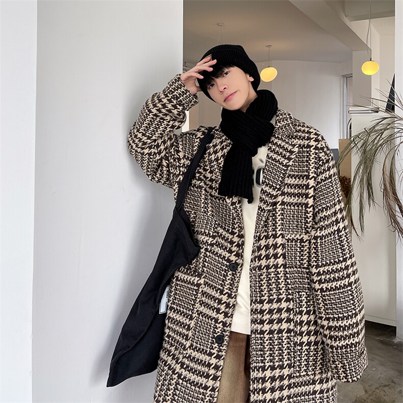 秋冬季中长款千鸟格呢料风衣男潮流宽松西装领外套A071-F05-P120，男装风衣，电商A071