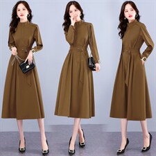 新款长袖风衣式连衣裙女春秋新款收腰显瘦复古气质风衣裙送腰带，女装连衣裙，韩美纤衣