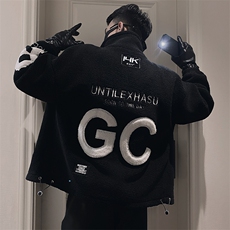 A31/特P138控178冬季仿羊羔毛绒刺绣字母GC棉衣外套男黑首1，男装棉衣，星座305B