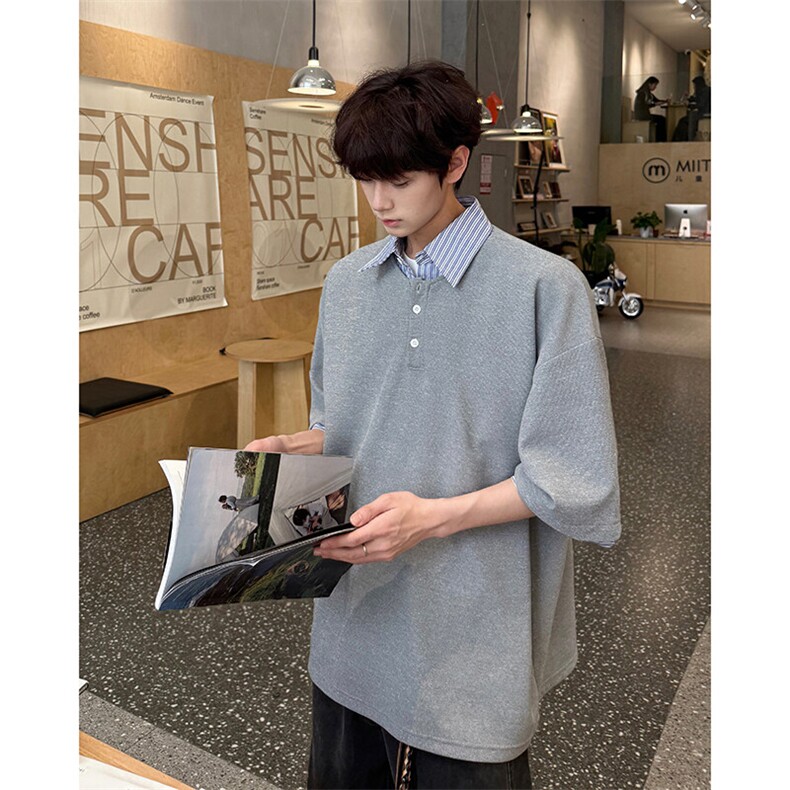 8XL-M假两件衬衫领短袖T恤大码夏季条纹拼接polo衫半袖DX1211/P45,男装Polo衫,电商B238