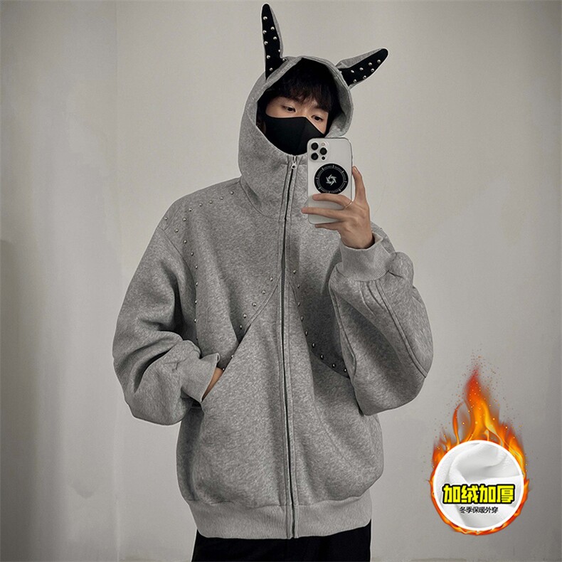 480G重磅加绒硬挺boxy男女美式高街卫衣铆钉杜宾犬耳朵开衫厚外套，女装短外套，电商A486