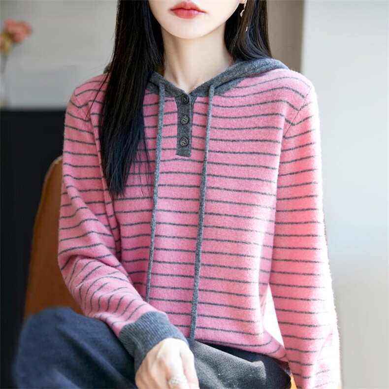秋冬新款纯羊毛衫女连帽条纹针织衫卫衣休闲宽松拼色连帽毛衣洋气,女装羊毛衫,大美人包芯纱店