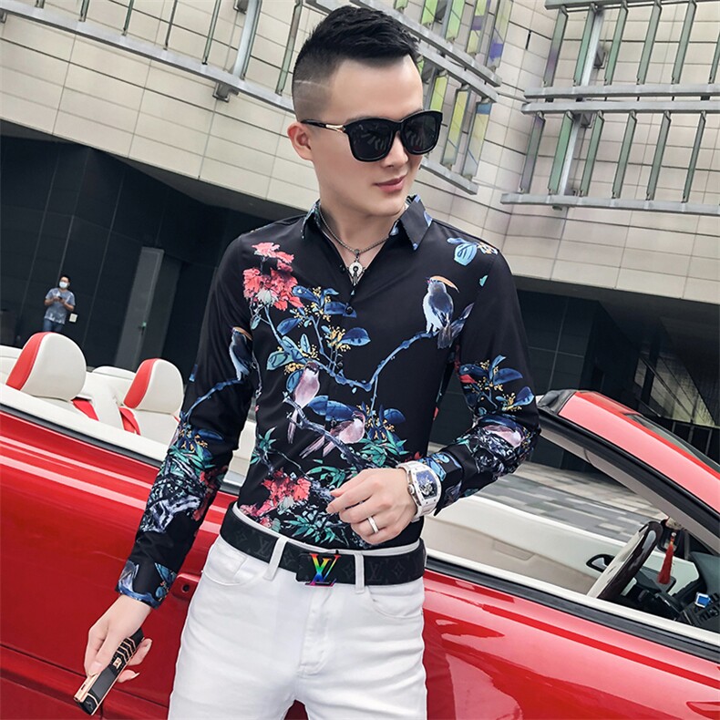 2021春秋衬衫社会男长袖上衣印花男装韩版修身四季潮流衬衣Q618-P55图片