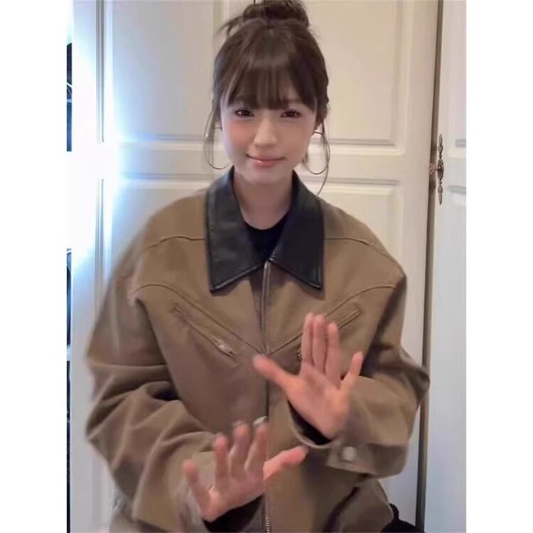 美式复古哈林顿工装外套男春季松石绿水洗翻领宽松休闲撞色夹克图片