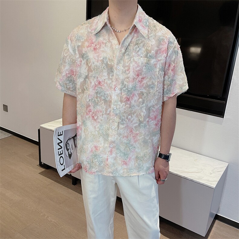 夏季韩版小众设计感男士流苏碎花衬衫短袖潮流薄款宽松0252-P55,男装T恤,电商B267
