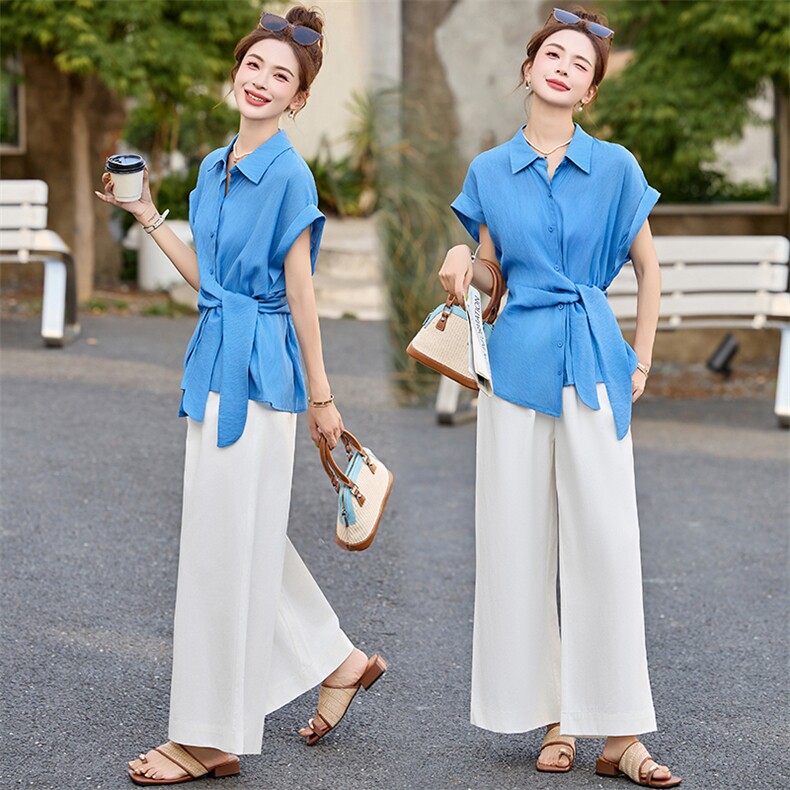 欧货欧洲站高级精品2025夏新款时尚翻领系带衬衫上衣女装衬衣，女装套装/套裙，魅丽静蓝