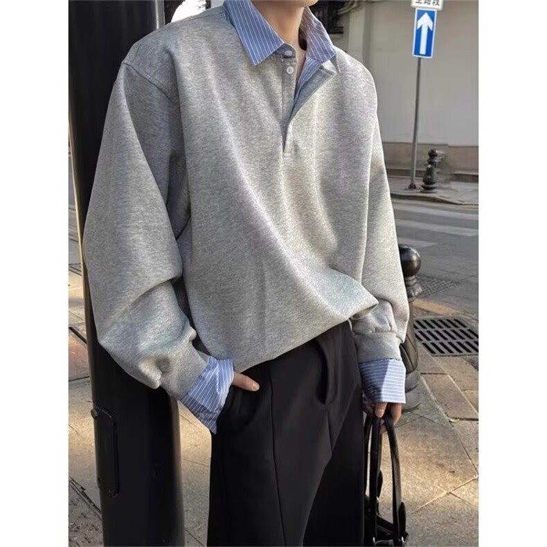 5688-P46新款韩版宽松格子撞色假两件设计衬衫领卫衣,男装衬衫,星座617A-2
