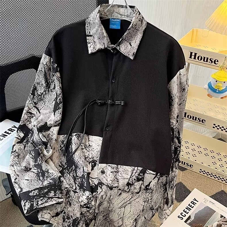 新中式风秋款男假两件衬衫水墨画扎染拼色盘扣衬衫CS800P45,男装衬衫,星座1013-1