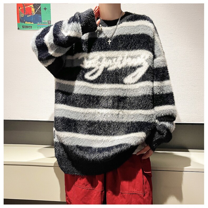 高品质秋男针织衫圆领条纹拼色字母刺绣水洗貂毛毛衣M5634P70,男装针织衫/毛衣,星座1013-1