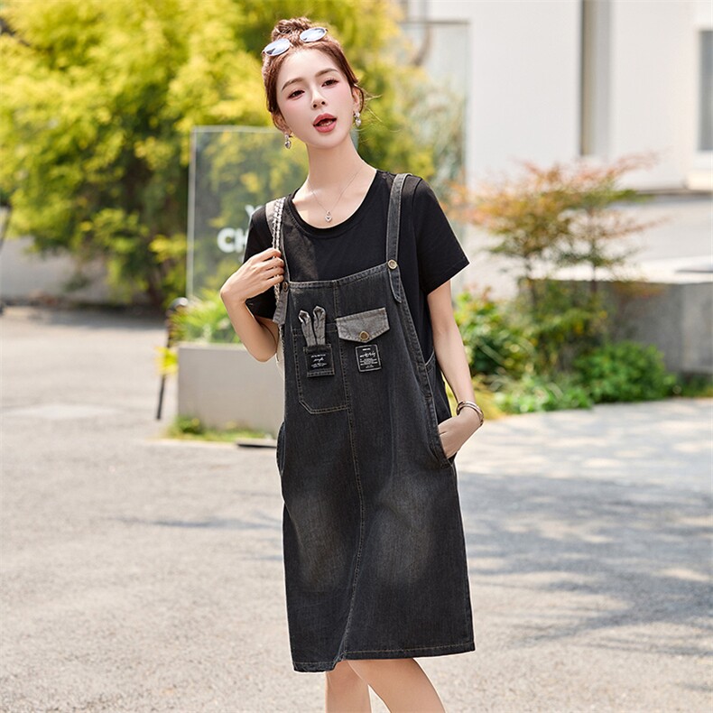 夏季新款时尚休闲背带裙子洋气收腰显瘦小个子假两件牛仔连衣裙女,商品下架区,蓝诺裳