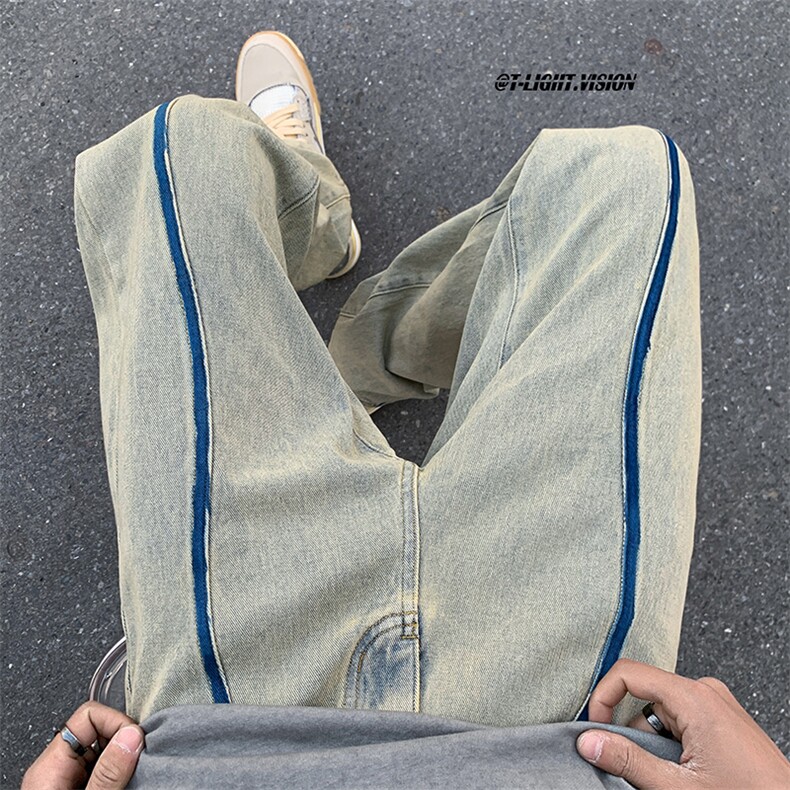 B221美式ins高街暗黑小众毛边破洞直筒牛仔裤LK23104-P65控88,男装牛仔裤,电商B221