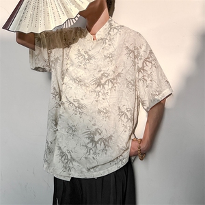 真棉麻！现货斜门襟风复古汉服盘扣立领短袖衬衫T恤CS35-P65,男棉麻衬衫搭配图片