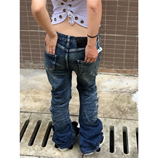 美式复古高街排扣微喇牛仔裤男女褶皱小众波纹猫须弯刀修身拖地裤，男装牛仔裤，星座506A