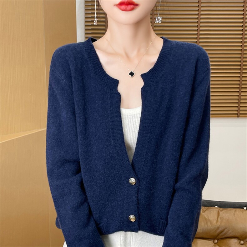 25秋冬100%羊毛开衫女大V领带兜针织外套宽松羊绒衫长袖毛衣外搭,女装羊毛衫,隆格羊绒