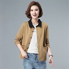 秋季短款外套polo领2021新款修身显瘦单排扣拼色上衣40-49周岁，女装短外套，伊满意