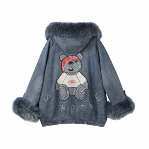 2020时尚休闲牛仔大毛领加绒冬季新款棉服外套女图片