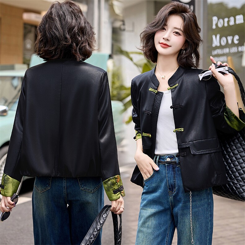 海宁盘扣皮衣外套女2025春季新款复古高级感气质短款黑色上衣服,女装皮衣,江南女神