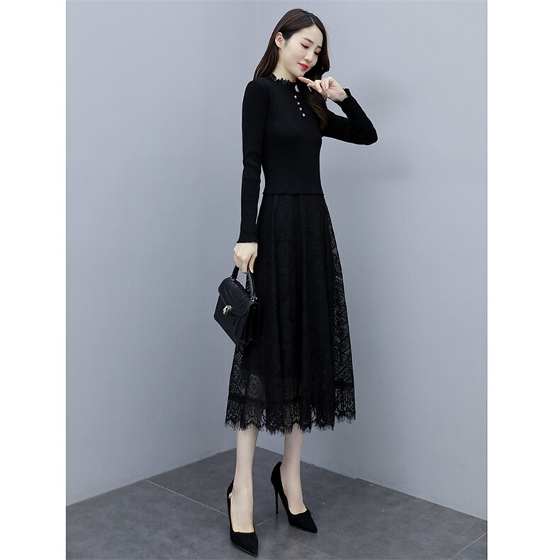 2023秋季新款半高领配花边四颗扣针织线衣蕾丝长款打底连衣裙，女装连衣裙，安之芮娜