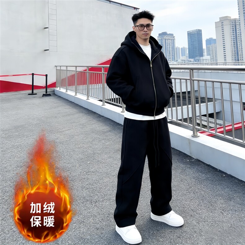 网络图现货新款加绒加厚连帽蝙蝠袖休闲运动套装JY21-P75绒85，男装休闲套装，星座715-7