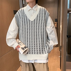 春秋套头毛衣背心男V领潮牌条纹休闲马甲无袖坎肩针织衫M617-P35，男装背心/马甲，星座512-2