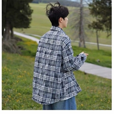 新款美式格子长袖衬衫男士潮牌潮流情侣防晒宽松痞帅衬衣外套，男装衬衫，星座715-4
