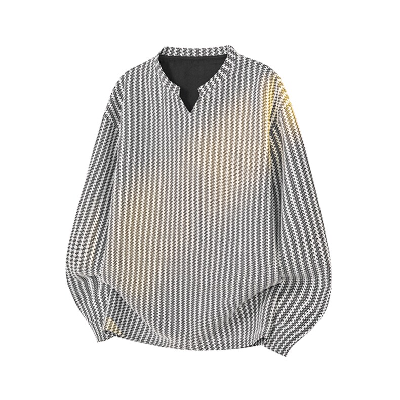 美式高街千鸟格子长袖T恤男女亨利V领英伦雅痞休闲宽松长袖打底衫，男装T恤，电商A443