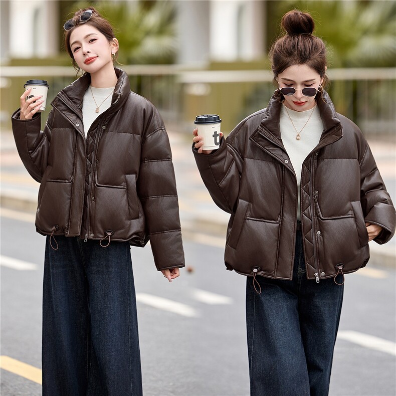 pu皮短款羽绒服女冬季2025新款小个子今年流行款加厚保暖外套立领,女装羽绒服,依万里