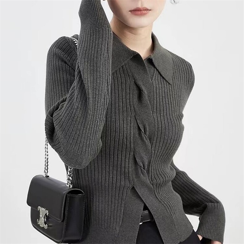 时尚女装羊毛衫坑条扭花POLO领显瘦百搭针织开衫,女装羊毛衫,泰沅羊绒