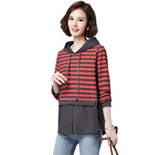 2021春装新款时尚条纹拼接宽松舒适休闲连帽卫衣，女装卫衣/绒衫，深水步