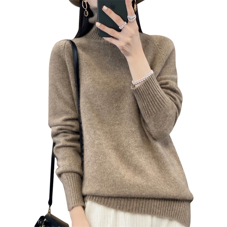 高领加厚100%纯羊毛衫女秋冬宽松插肩纯色毛衣内搭羊绒针织打底衫,女装羊毛衫,忠诺羊绒