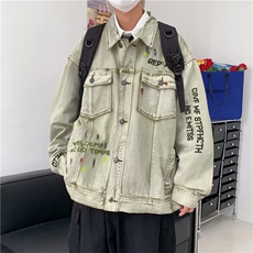 美式水洗泼墨字母刺绣牛仔外套男女潮牌嘻哈做旧夹克秋JK8989-P70，男装夹克，星座1008