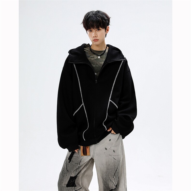 美式重磅立体硬挺卫衣男春秋潮牌设计感连帽开衫廓形外套KS004P68，女装短外套，电商B312