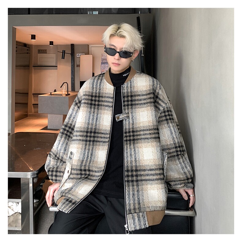 M883TP78毛呢格子外套男港风复古棒球领休闲宽松秋冬廓形夹克上衣,男装夹克,电商A170