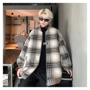 M883TP78毛呢格子外套男港风复古棒球领休闲宽松秋冬廓形夹克上衣图片